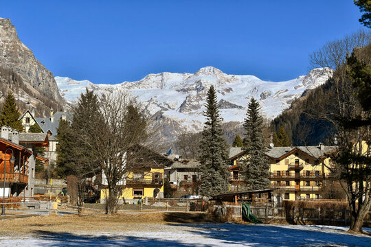 The village of Gressoney Saint Jean with Monte Rosa in the background