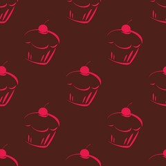 Seamless dark vector pattern or tile texture with pink cupcakes, sweet cherry cake on black background