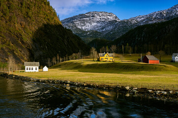 Village between the fjords of Norway, view from cruise