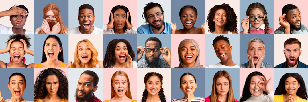 Multiracial people showing different emotions, set of photos