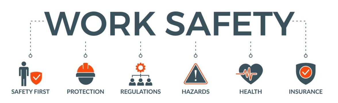 Work Safety Banner Web Icon Vector Illustration For Occupational Safety And Health At Work With Safety First, Protection, Regulations, Hazards, Health, And Insurance Icon