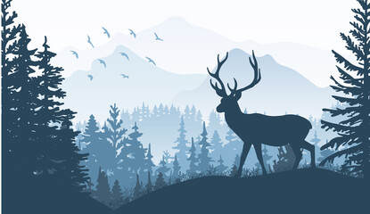 Horizontal banner. Silhouette of deer standing on grass hill. Mountains and forest in the background. Magical misty landscape, trees, animal. Blue illustration, bookmark. 