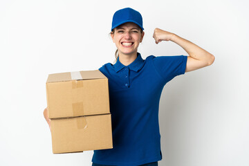 Young delivery woman isolated on white background doing strong gesture