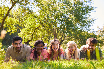 Group of young people laughing lies in a meadow