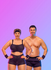 Fototapeta na wymiar Fat man and woman in gym. Body positive and fitness concept.