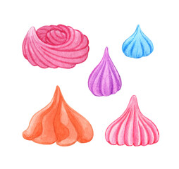 Watercolor set of meringue, marshmallow, cream. Sweet dessert. Confectionery cooking. Sugar protein cake decoration. Hand drawn illustration isolated on white background.