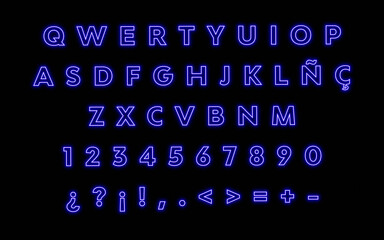 Blue Neon typography of spanish letters, QWERTY latin alphabet, illuminated sign of neon letter composition. 3D ilustration of liquid words