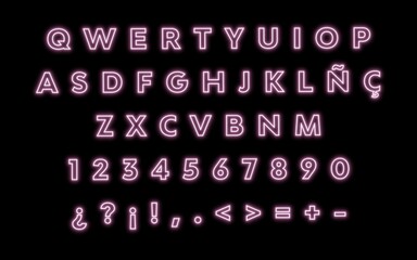 Pink Neon typography of spanish letters, QWERTY latin alphabet, illuminated sign of neon letter composition. 3D ilustration of liquid words