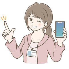 スマホを持って指をさす若い私服女性社員