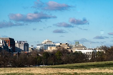 View of the White House, Downtown Washington, DC, and the surrounding areas from the National Mall on a cold winter day