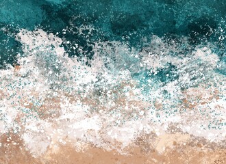 Boho Sea Beach with Waves Print. Abstract Background. Bohemian printable wall art, boho poster, pastel abstract art, landscape drawing, sea painting. Hand Drawn Effect - 486468726