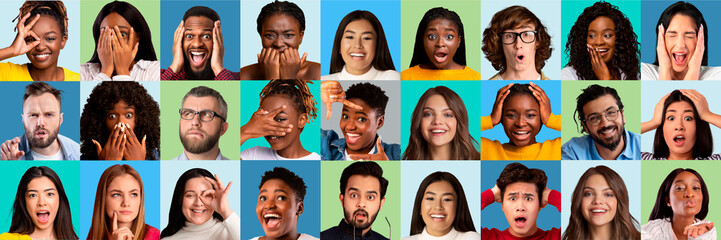 Collection of photos with emotional people on colorful backgrounds, collage
