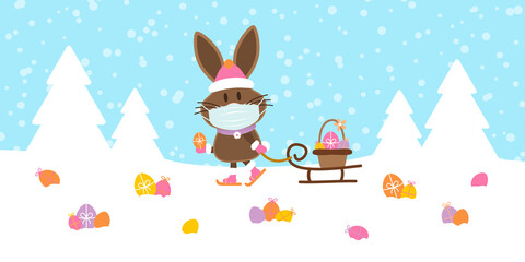 Osterhase Maske Schlitten Wiese Ostereier Schnee Blau