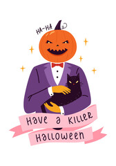 Happy Halloween greeting card with text and traditional symbols. Vector illustration of pumpkinhead Jack and black cat.