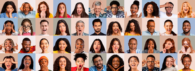 Emotional multiethnic people gesturing and grimacing, set of photos