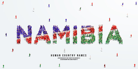 A large group of people stands, making up the word Namibia. Namibia flag made from people crowd. Vector illustration isolated on white background.