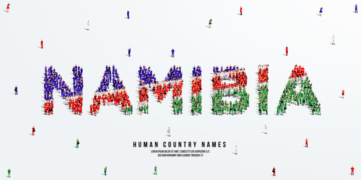 A large group of people stands, making up the word Namibia. Namibia flag made from people crowd. Vector illustration isolated on white background. - Powered by Adobe