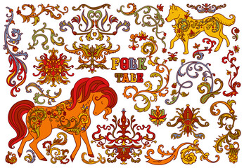 Folk tale ornament design elements set. Horse, wolf, flowers, plants with decorative patterns. Stylized objects on white background. Colourful vector illustration