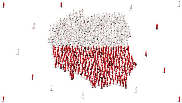 Poland Map and Flag. A large group of people in the Poland flag color form to create the map. 4K Animation Video.