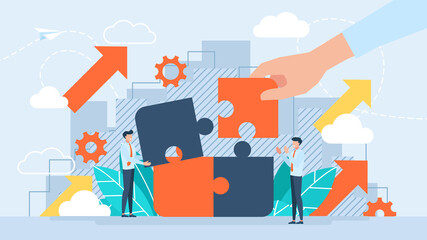 Teambuilding concept. Business illustration. The tiny characters connecting puzzle elements. The metaphor of teamwork, cooperation, team building, presentation, development. Flat design style.