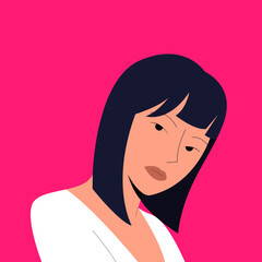 Portrait of a beautiful Asian woman in half-turn on isolated pink background. Diversity of fashion and beauty. Colorful vector illustration in flat style. Eps 10.