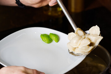 serving dumplings rto plate. Bowl of tasty dumplings served