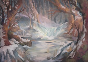 Winter landscape with snowy trees and frozen lake. Cartoon fairytale scenery background. Oil pastel illustration.