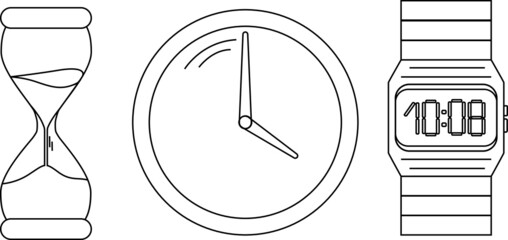 Vintage  clock. Watch set: clock with hands, hourglass, electronic clock. Vector illustration one line. Line art.