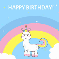 Birthday card with unicorn on a rainbow background