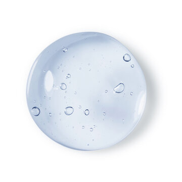 Glycerin gel texture. Blue serum toner drop isolated on white background. Liquid gel sphere with bubbles macro