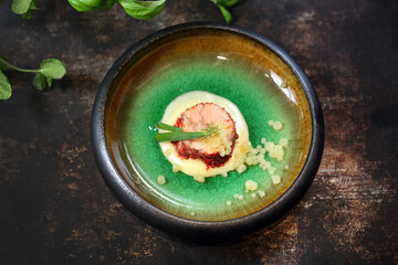 Tartare with caviar. An elegant appetizer.
Appetizing dish on a plate, culinary photography. Food background.