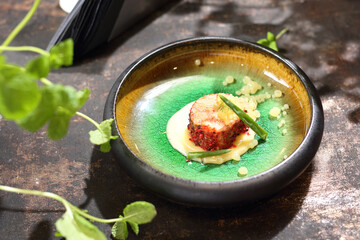 Tartare with caviar. An elegant appetizer.
Appetizing dish on a plate, culinary photography. Food background.