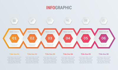 Abstract business honeycomb  infographic template with 6 steps. Red diagram, timeline and schedule isolated on light background.
