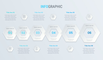 Blue vector infographics timeline design template with honeycomb elements. Content, schedule, timeline, diagram, workflow, business, infographic, flowchart. 6 steps infographic.
