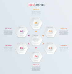 Red vector infographics timeline design template with honeycomb elements. Content, schedule, timeline, diagram, workflow, business, infographic, flowchart. 6 options infographic.

