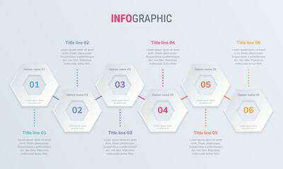 Timeline infographic design vector. 6 steps, honeycomb workflow layout. Vector infographic timeline template.
