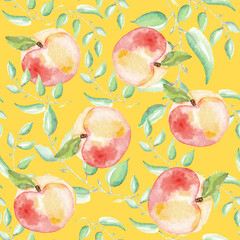 Yellow seamless peach pattern. Delicate peach. Halves of pink peach and green leaves on a green bacground. 