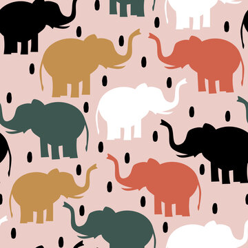 cute hand drawn abstract seamless vector pattern design illustration with colorful elephant silhouettes and black confetti on pink background	