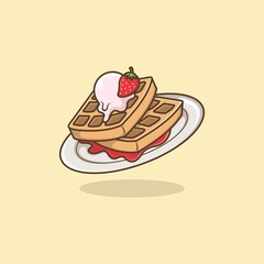 cute cartoon strawberry topping waffle. vector illustration for mascot logo or sticker