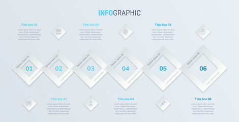 Blue vector infographics timeline design template with square elements. Content, schedule, timeline, diagram, workflow, business, infographic, flowchart. 6 steps infographic.
