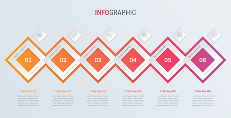 Abstract business square infographic template with 6 steps. Red diagram, timeline and schedule isolated on light background.
