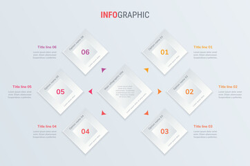 Red vector infographics timeline design template with square elements. Content, schedule, timeline, diagram, workflow, business, infographic, flowchart. 6 options infographic.
