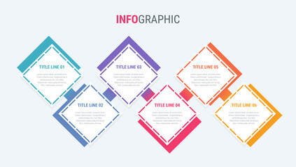 Colorful diagram, infographic template. Timeline with 6 options. Square workflow process for business. Vector design.
