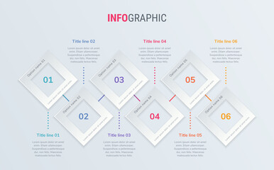 Abstract business square infographic template with 6 options. Colorful diagram, timeline and schedule isolated on light background.
