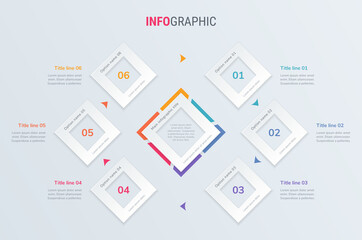 Timeline infographic design vector. 6 steps, square workflow layout. Vector infographic timeline template.
