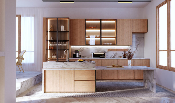 3d rendering,3d illustration, Interior Scene and  Mockup,Modern style kitchen, kitchen counter and island, wood grain material and white marble, partially decorated with glass front.