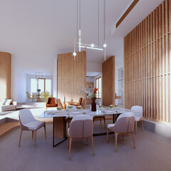 3d rendering,3d illustration, Interior Scene and  Mockup,The dining area has a modern drop-step floor, most of the materials are wood and white marble.