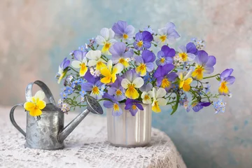  A bouquet of pansies viola and forget-me-not flowers in a vase and a watering can on a table with a tablecloth against the background of a colored wall. Romantic postcard, blur, selective focus. © tachinskamarina