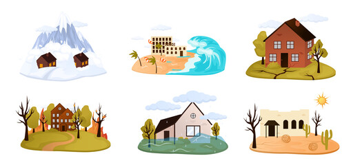 Naklejka premium Natural disaster cartoon style set of isolated compositions. Hurricane, environmental crisis in nature, earthquake, volcano icons collection. Landslide with houses.