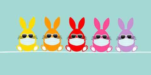 Fototapeta premium 5 Osterhaseneier Maske Sonnenbrille Banner Türkis